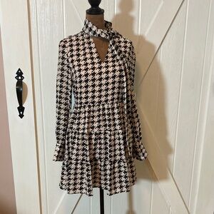 Fate Black and White Houndstooth Long Sleeve Dress